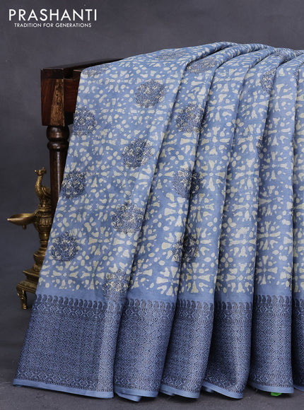 Banarasi tussar silk saree blue shade with allover batik prints & woven buttas and woven border