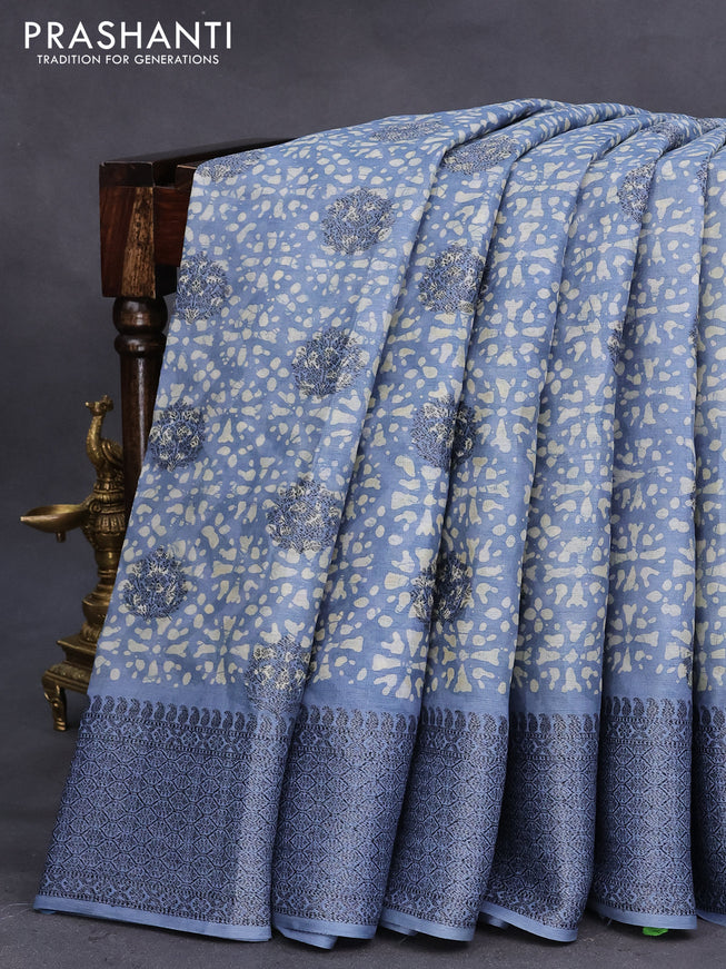 Banarasi tussar silk saree blue shade with allover batik prints & woven buttas and woven border