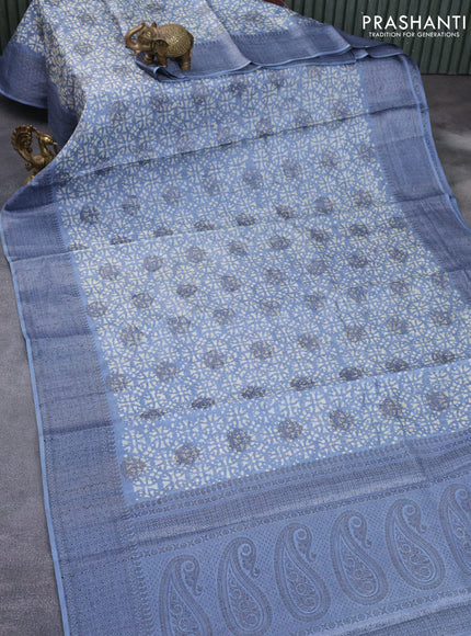 Banarasi tussar silk saree blue shade with allover batik prints & woven buttas and woven border