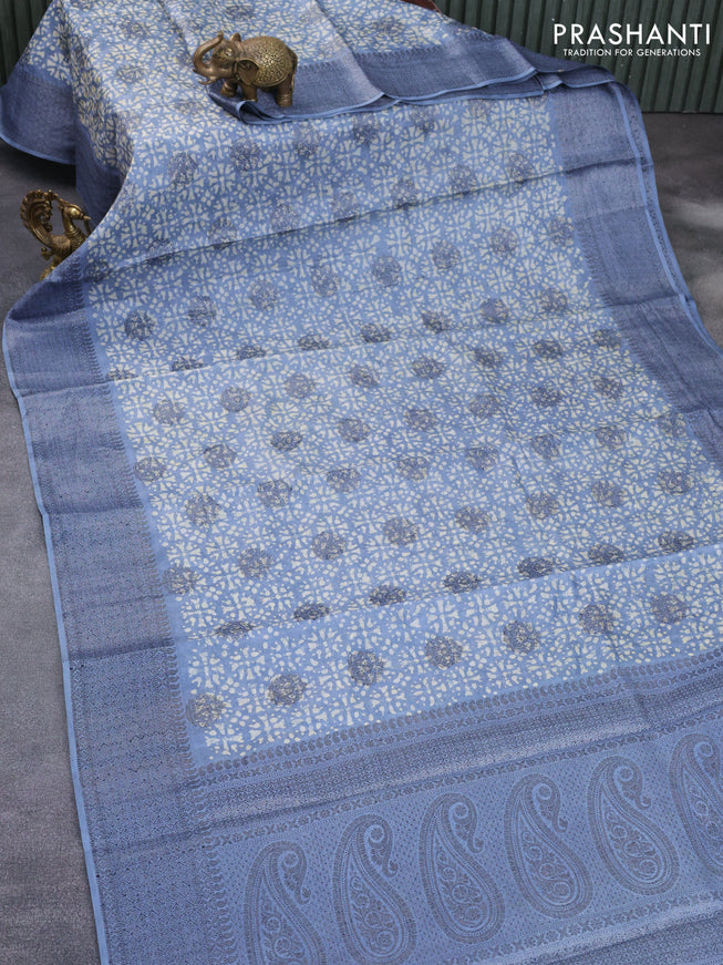 Banarasi tussar silk saree blue shade with allover batik prints & woven buttas and woven border