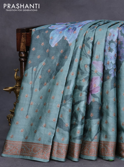 Banarasi tussar silk saree pastel green shade with floral prints & woven buttas and woven border