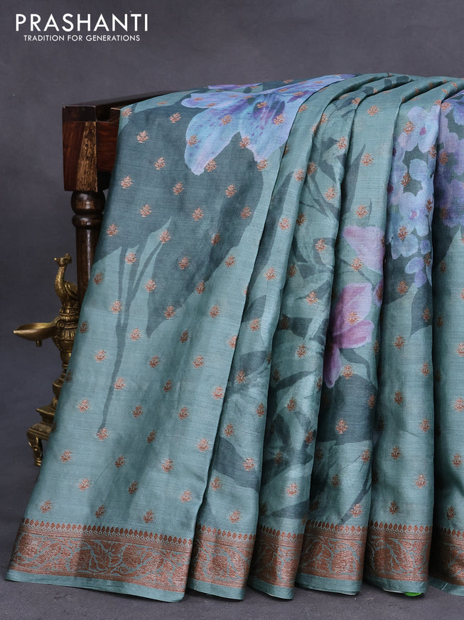 Banarasi tussar silk saree pastel green shade with floral prints & woven buttas and woven border