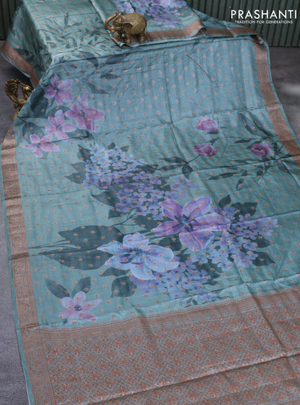 Banarasi tussar silk saree pastel green shade with floral prints & woven buttas and woven border