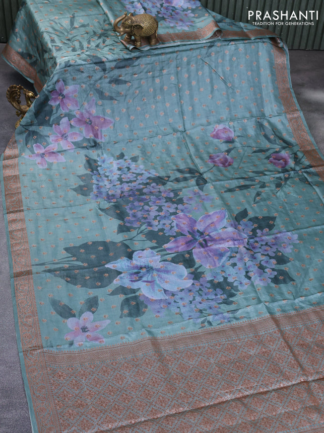 Banarasi tussar silk saree pastel green shade with floral prints & woven buttas and woven border