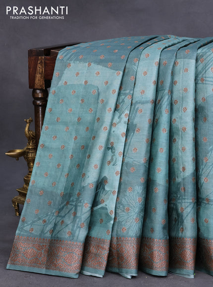 Banarasi tussar silk saree green shade with floral prints & woven buttas and woven border