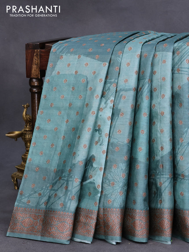 Banarasi tussar silk saree green shade with floral prints & woven buttas and woven border