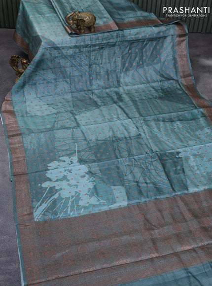 Banarasi tussar silk saree green shade with floral prints & woven buttas and woven border