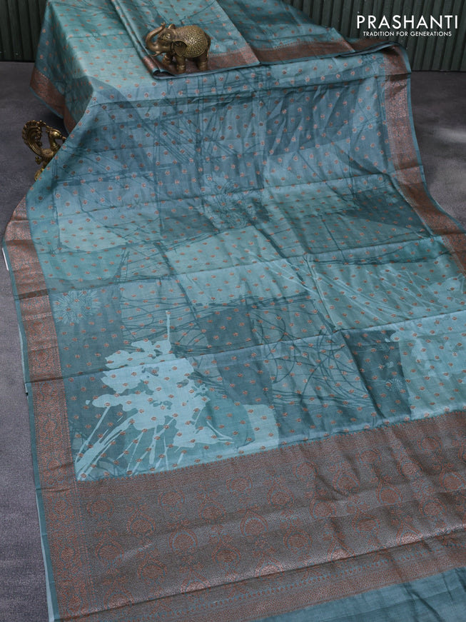 Banarasi tussar silk saree green shade with floral prints & woven buttas and woven border