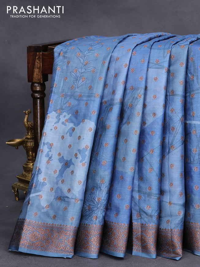 Banarasi tussar silk saree pastel blue with floral prints & woven buttas and woven border