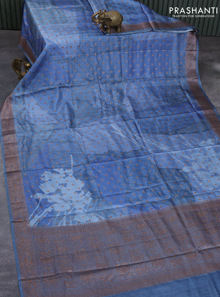 Banarasi tussar silk saree pastel blue with floral prints & woven buttas and woven border