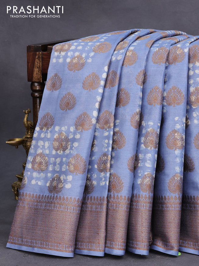 Banarasi tussar silk saree blue shade with allover batik prints & woven buttas and woven border