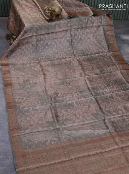 Banarasi tussar silk saree olive green with prints & woven buttas and woven border