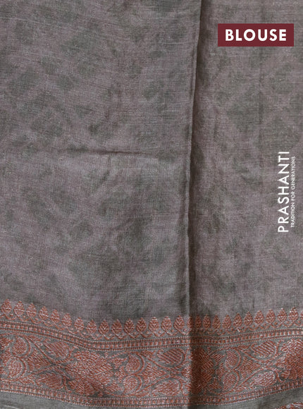 Banarasi tussar silk saree olive green with prints & woven buttas and woven border