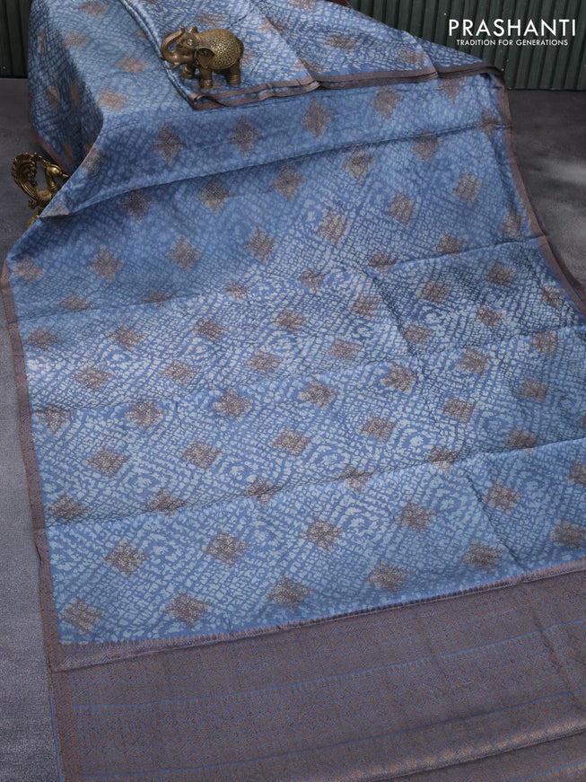 Banarasi tussar silk saree blue shade with allover batik prints & woven buttas and woven border