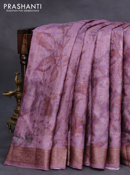 Banarasi tussar silk saree mild purple with dabu prints & woven buttas and woven border