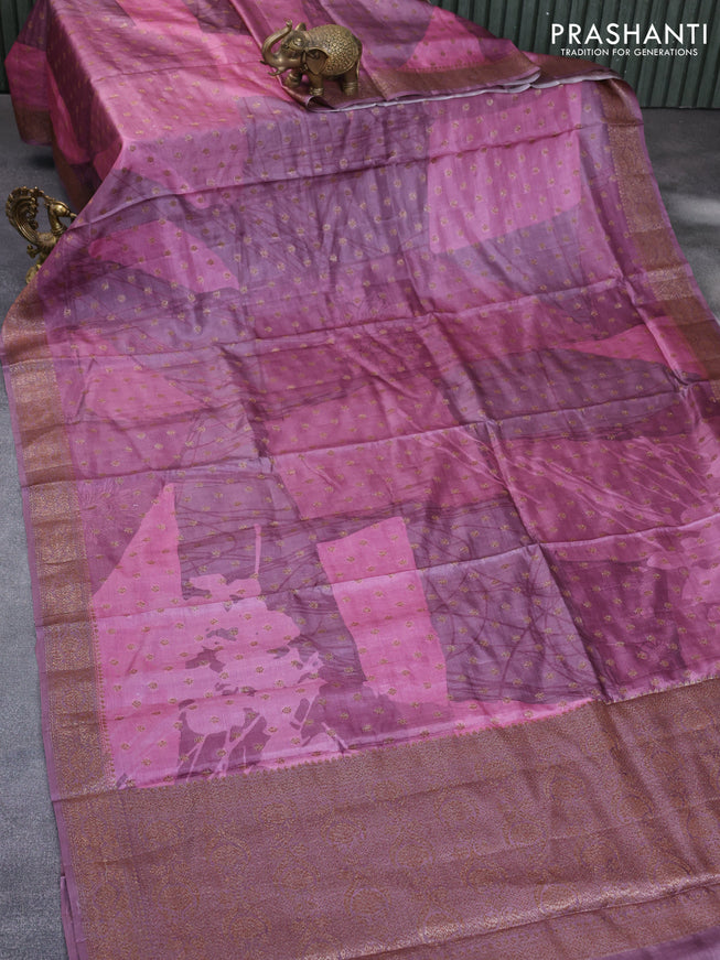 Banarasi tussar silk saree purple shade with allover prints & woven buttas and woven border