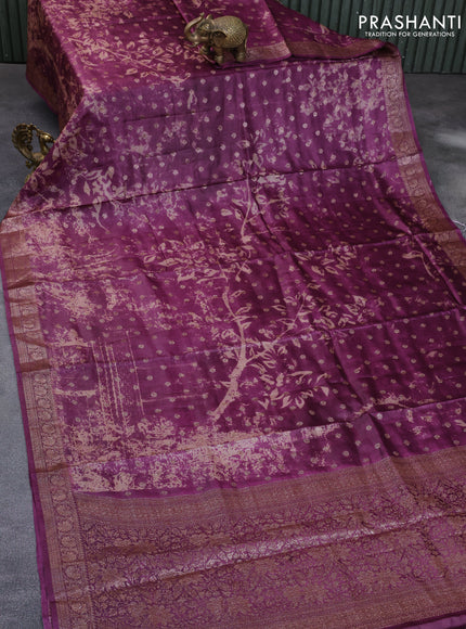 Banarasi tussar silk saree purple with dabu prints & woven buttas and woven border