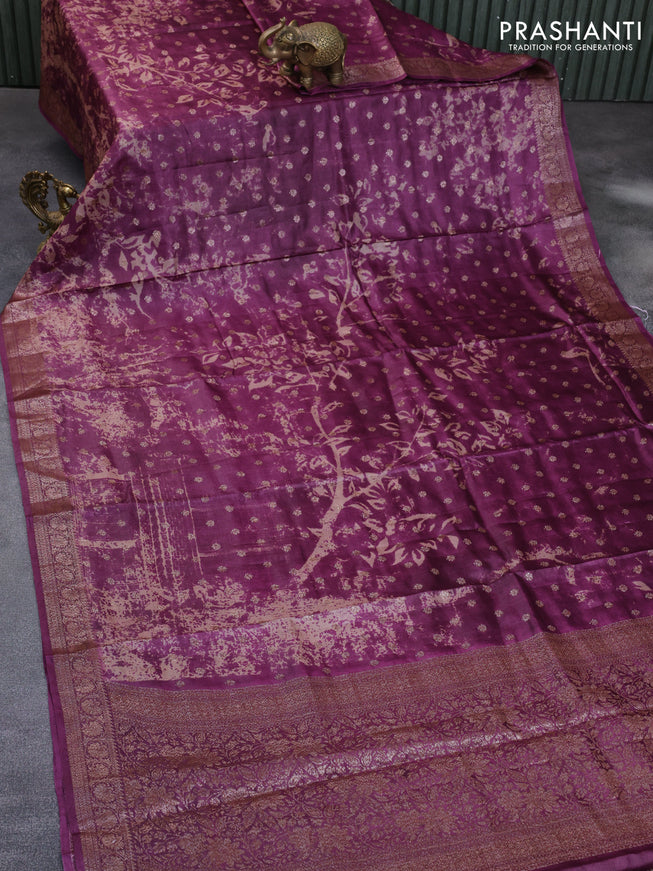 Banarasi tussar silk saree purple with dabu prints & woven buttas and woven border