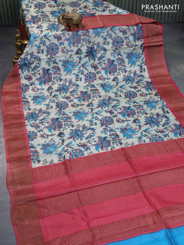 Pure tussar silk saree grey shade and maroon with allover prints and zari woven border