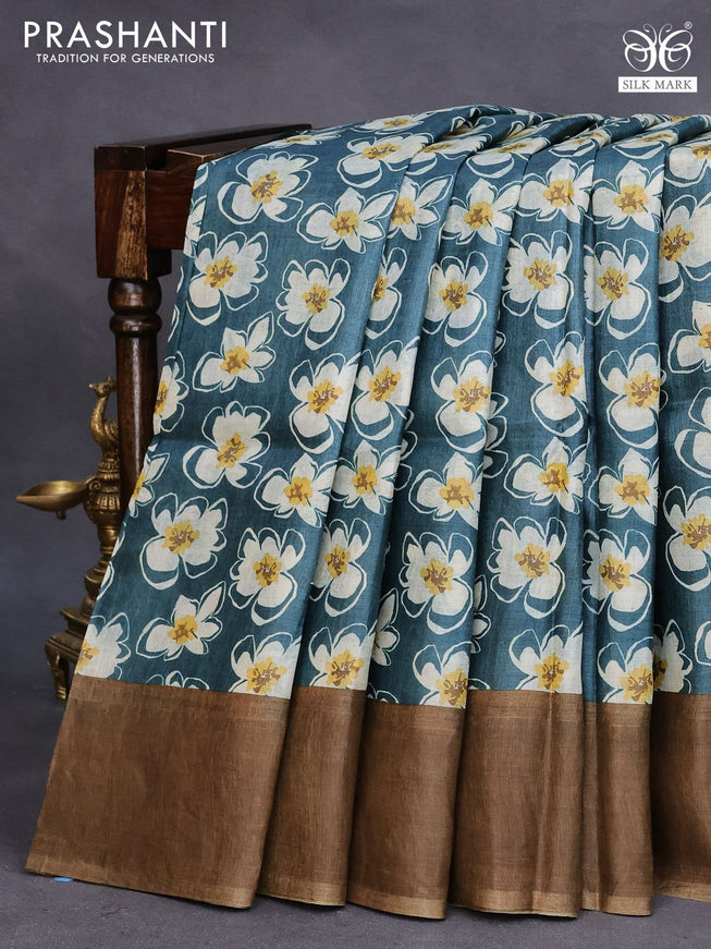 Pure tussar silk saree peacock green and chikku shade with allover floral prints and zari woven border