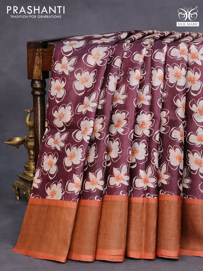 Pure tussar silk saree deep maroon and orange with allover floral prints and zari woven border