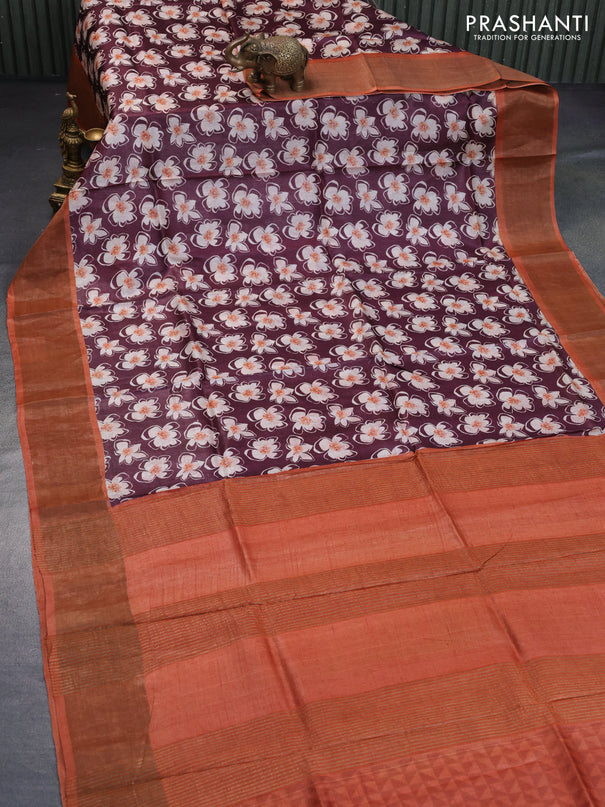 Pure tussar silk saree deep maroon and orange with allover floral prints and zari woven border