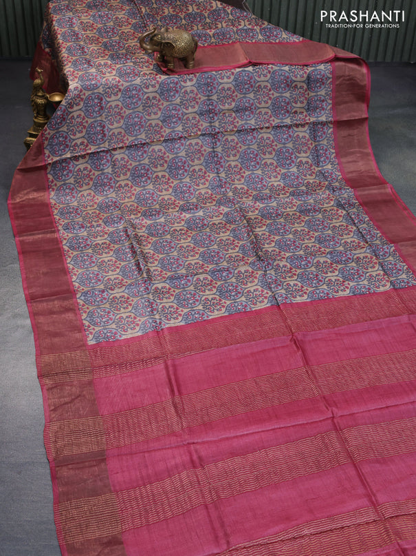 Pure tussar silk saree grey beige and maroon with allover prints and zari woven border