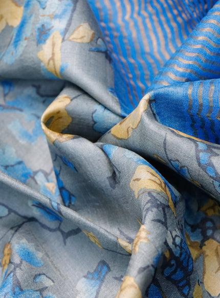 Pure tussar silk saree grey and cs blue with allover prints and zari woven border