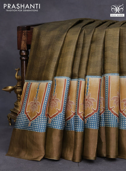 Pure tussar silk saree olive green and blue with allover weavy prints and zari woven border