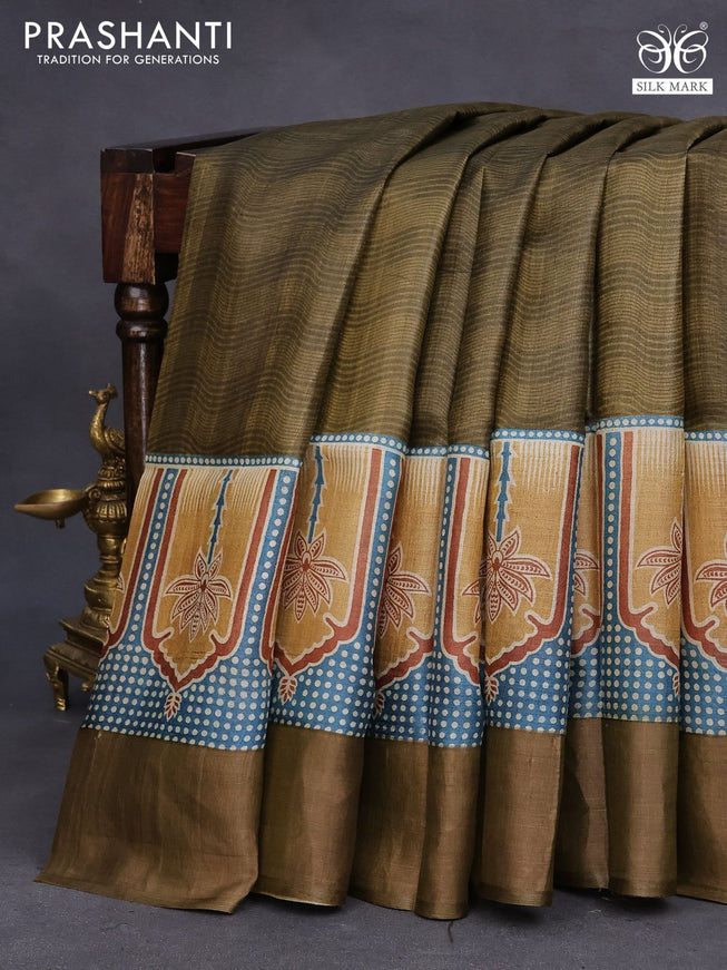 Pure tussar silk saree olive green and blue with allover weavy prints and zari woven border