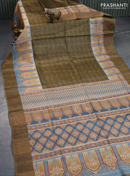 Pure tussar silk saree olive green and blue with allover weavy prints and zari woven border