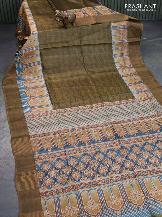 Pure tussar silk saree olive green and blue with allover weavy prints and zari woven border