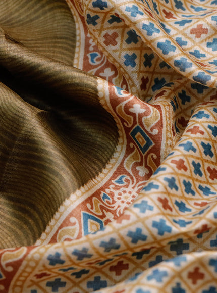 Pure tussar silk saree olive green and blue with allover weavy prints and zari woven border