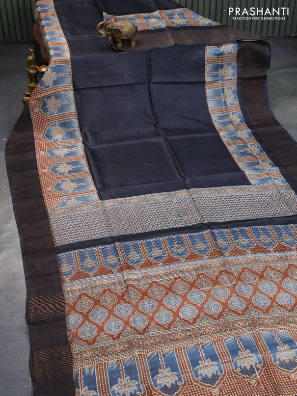 Pure tussar silk saree black and brown with plain body and zari woven border