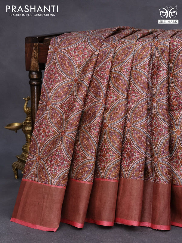 Pure tussar silk saree multi colour and red with allover prints and zari woven border