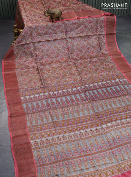 Pure tussar silk saree multi colour and red with allover prints and zari woven border