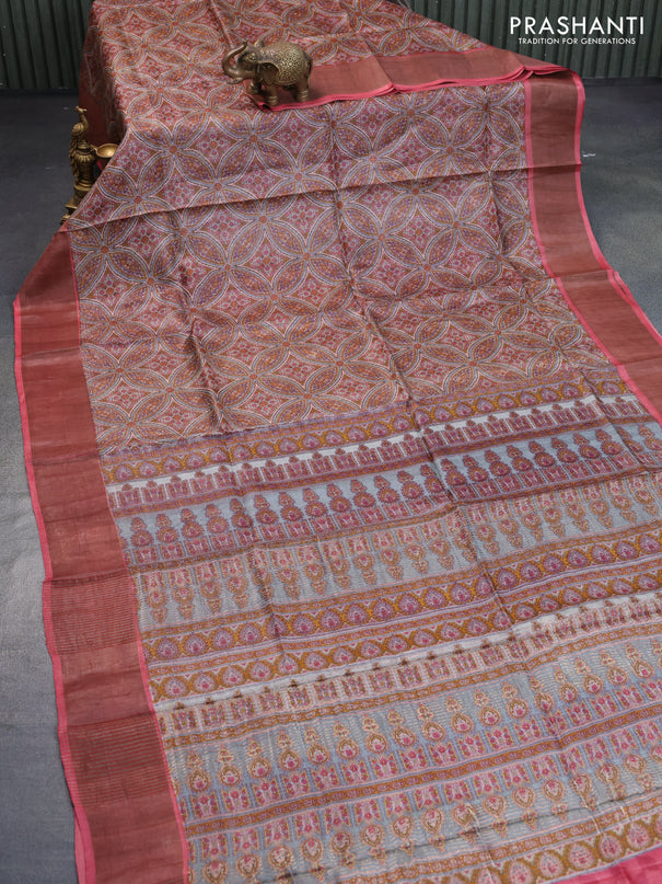 Pure tussar silk saree multi colour and red with allover prints and zari woven border