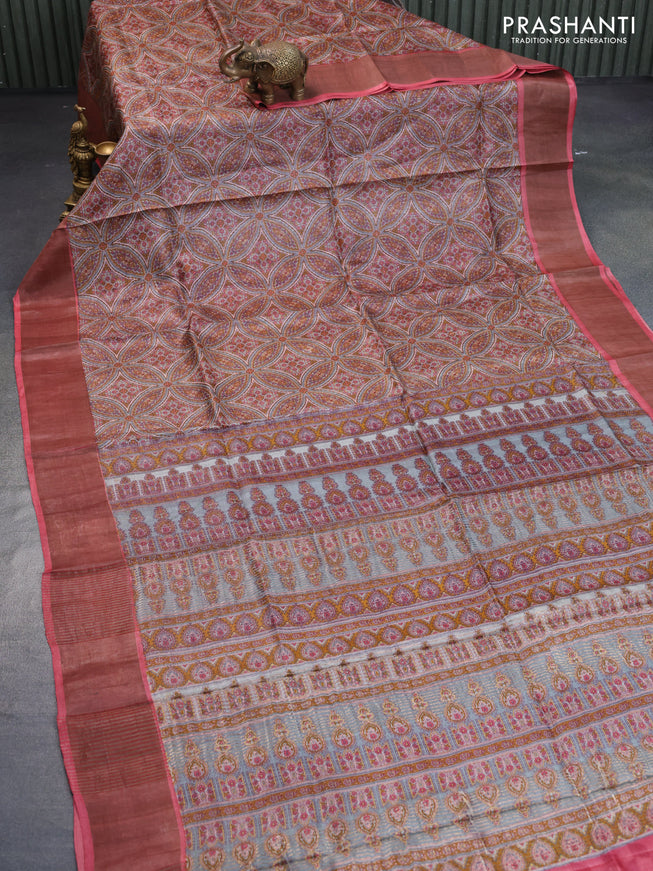 Pure tussar silk saree multi colour and red with allover prints and zari woven border