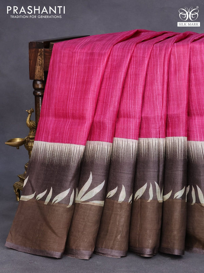 Pure tussar silk saree pink and coffee brown with plain body and zari woven border