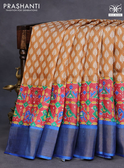 Pure tussar silk saree mustard shade and red blue with allover butta prints and zari woven border