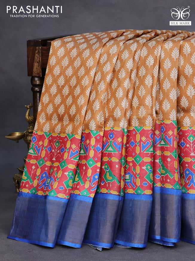 Pure tussar silk saree mustard shade and red blue with allover butta prints and zari woven border