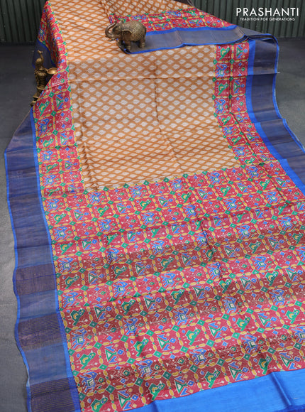 Pure tussar silk saree mustard shade and red blue with allover butta prints and zari woven border