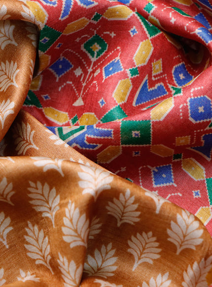 Pure tussar silk saree mustard shade and red blue with allover butta prints and zari woven border