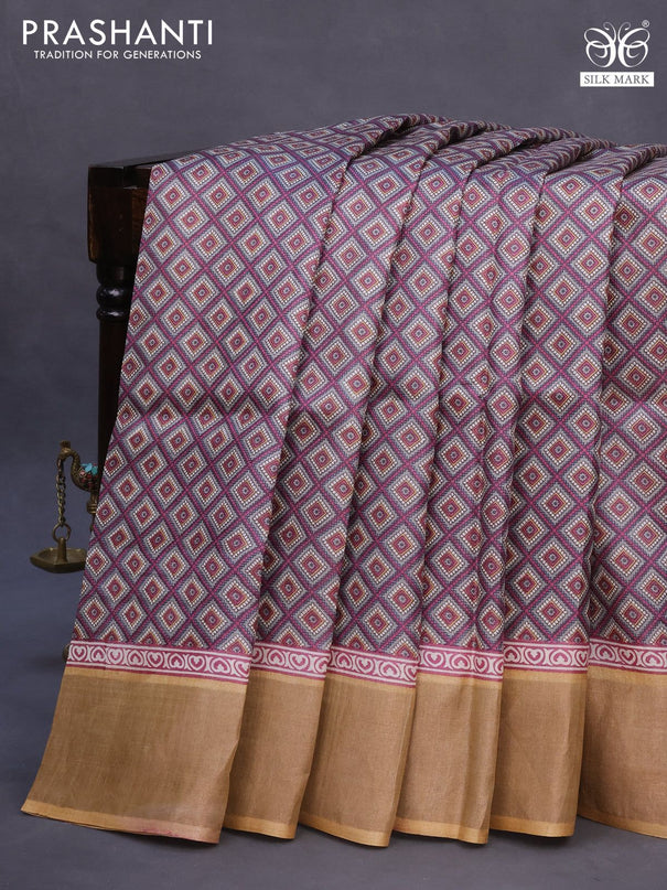 Pure tussar silk saree grey shade and sandal with allover prints and zari woven border