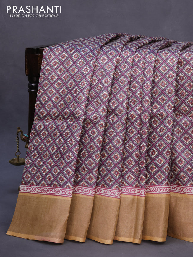 Pure tussar silk saree grey shade and sandal with allover prints and zari woven border