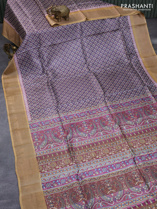 Pure tussar silk saree grey shade and sandal with allover prints and zari woven border