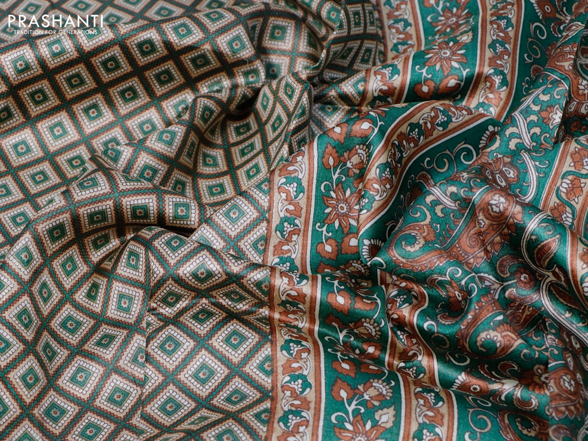 Pure tussar silk saree beige and elaichi green with allover prints and zari woven border