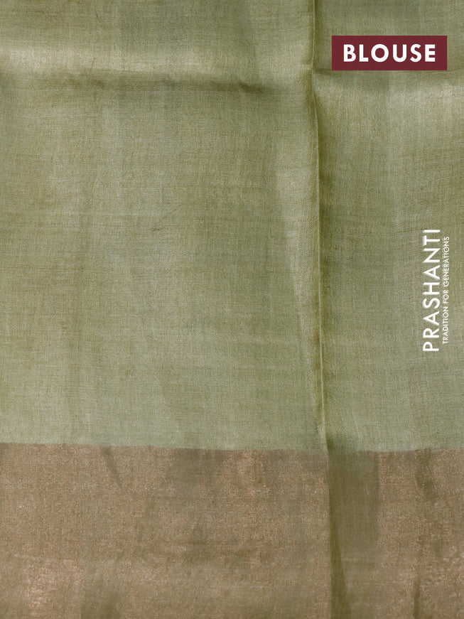 Pure tussar silk saree beige and elaichi green with allover prints and zari woven border