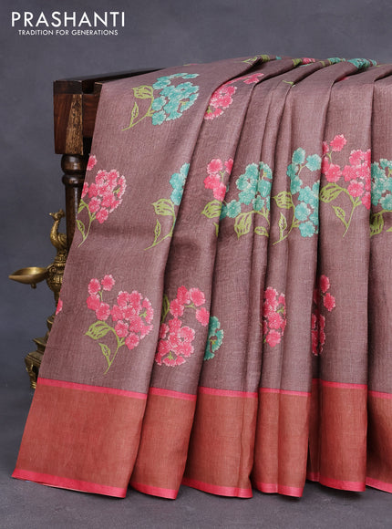 Pure tussar silk saree pastel brown and red with allover floral butta prints and zari woven border