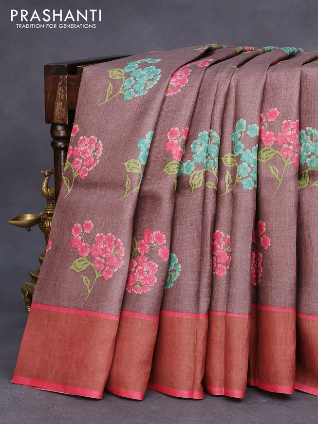 Pure tussar silk saree pastel brown and red with allover floral butta prints and zari woven border